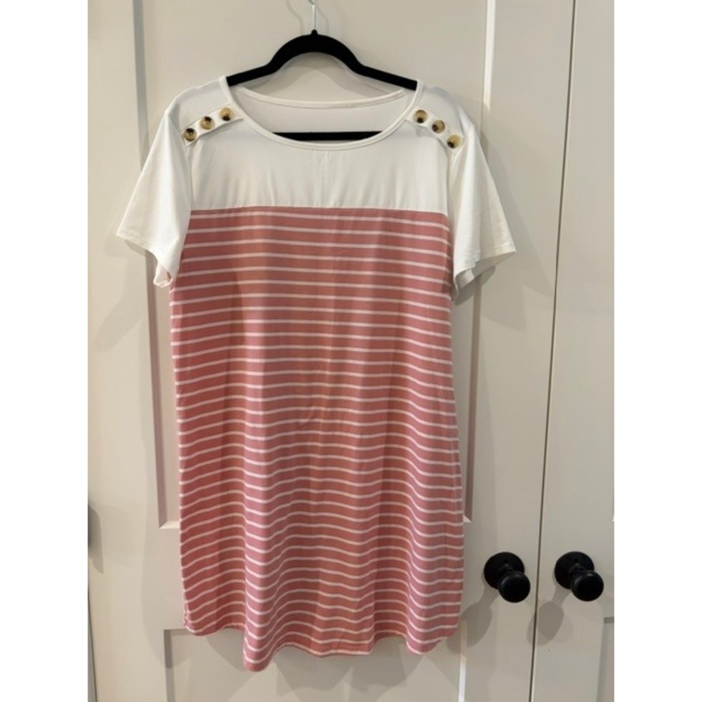 SHEIN Pink White Striped Button Shoulder Short Sleeve T-Shirt Dress Women XL 12